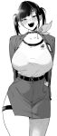  1girl amano_don arms_behind_back belt blunt_bangs blush bra_visible_through_clothes breasts cellphone choker collarbone commentary cowboy_shot goddess_of_victory:_nikke greyscale half-closed_eyes head_tilt jacket large_breasts looking_at_viewer medium_hair miniskirt monochrome open_clothes open_jacket open_mouth pencil_skirt phone side_slit simple_background single_leg_pantyhose skirt smartphone smile solo sora_(nikke) standing thigh_strap twintails unfinished white_background 