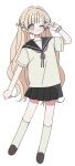  1girl ;) black_sailor_collar black_skirt blonde_hair blue_eyes blue_scrunchie blush brown_shoes closed_mouth full_body grey_ribbon hair_ribbon hand_up highres long_hair neck_ribbon one_eye_closed original pleated_skirt ribbon sailor_collar school_uniform scrunchie serafuku shirt shoes short_sleeves simple_background skirt smile socks solo standing v very_long_hair white_background white_ribbon white_shirt white_socks wrist_scrunchie yalmyu 