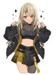  :p belt black_hair black_jacket black_nails black_shirt black_skirt blonde_hair blush bow braid chain chain_necklace cowboy_shot cropped_shirt dark-skinned_female dark_skin earrings fang hair_ornament hands_up highres jacket jewelry kaminari_qpi kaminari_qpi_(5th_costume) lightning_bolt_earrings lightning_bolt_hair_ornament lightning_bolt_symbol long_hair midriff miniskirt multicolored_hair multicolored_jacket multicolored_skirt necklace off_shoulder orange_eyes shirt simple_background single_thighhigh skin_fang skirt skirt_pocket sleeves_past_wrists streaked_hair thighhighs tongue tongue_out unimaru_go upper_body virtual_youtuber vspo! white_background yellow_bow yellow_jacket yellow_skirt zipper zipper_pull_tab 