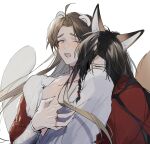 2boys ahoge animal_ears beads bishounen black_hair blush bracelet braid brown_eyes brown_hair chinese_clothes eyepatch ferret_boy ferret_ears ferret_tail fingernails fox_boy fox_ears fox_tail hair_beads hair_ornament hand_on_another&#039;s_chest hanfu highres hua_cheng hug hug_from_behind jewelry kemonomimi_mode long_hair long_sleeves male_focus manjuyawaraka multiple_boys neck_tattoo necklace one_eye_closed one_eye_covered open_mouth pectoral_cleavage pectorals red_hanfu ring ring_necklace saliva sharp_fingernails side_braid silver_bracelet simple_background single_braid string string_around_finger string_of_fate tail tattoo tears third-party_source tianguan_cifu upper_body white_background white_hanfu xie_lian yaoi 