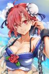  absurdres ahoge breasts bun_cover cardigan cleavage closed_mouth collarbone commentary_request cuffs double_bun hair_bun hand_in_own_hair highres ibaraki_kasen large_breasts nuru_himmel ocean outdoors pink_cardigan pink_hair shackles short_hair signature smile touhou upper_body variant_set 