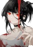  1girl absurdres belt_collar black_hair blood blood_on_clothes blood_on_face blood_on_hands blurry blurry_foreground breasts cleavage collar english_commentary hair_bun highres light_smile looking_at_viewer original outstretched_hand painting_(action) pov red_eyes sidelocks smeared_blood smearing solo tank_top white_tank_top yoimon 
