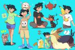  &gt;_&lt; +++ 1boy :3 =_= aqua_background ash_ketchum barefoot black_hair black_shirt blue_eyes blue_shoes blush bright_pupils brown_eyes brown_shirt brown_shorts closed_eyes commentary_request crossed_legs eighth_note flower_sprite_(pokemon) green_shirt grey_pants hand_on_another&#039;s_chin licking licking_another&#039;s_face litten musical_note notice_lines official_alternate_costume on_head on_shoulder open_mouth outstretched_arms pants pikachu pirohi_(pirohi214) pokedex pokemon pokemon_(anime) pokemon_(creature) pokemon_on_head pokemon_on_shoulder pokemon_sm_(anime) reptile_sprite_(pokemon) rockruff rotom rotom_dex rowlet saliva shirt shoes short_hair short_sleeves shorts simple_background sitting smile spiked_hair spoken_musical_note spread_arms stoutland surf_sprite_(pokemon) t-shirt teeth tongue towel towel_on_head upper_teeth_only white_pupils z-ring 