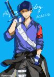  1boy armband baseball_cap birthday black_jacket black_pants blue_background blue_shirt closed_mouth clothes_around_waist collared_shirt commentary_request cowboy_shot dated hand_in_pocket happy_birthday hat highres holster iori_junpei jacket jacket_around_waist jewelry looking_at_viewer male_focus necklace pants persona persona_3 persona_3_reload red_armband shirt sleeves_rolled_up smile solo spendsea straight-on sword sword_on_back thigh_holster twitter_username weapon weapon_on_back 