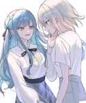  2girls bang_dream! bang_dream!_it&#039;s_mygo!!!!! black_ribbon blonde_hair blue_hair blush closed_mouth commentary grey_skirt hair_ribbon hand_on_another&#039;s_face hashtag-only_commentary highres long_hair long_sleeves medium_hair misumi_uika multiple_girls neck_ribbon parted_lips plaid_clothes plaid_skirt ribbon shirt short_sleeves simple_background skirt smile sweat togawa_sakiko two_side_up white_background white_shirt yellow_eyes yueniwabisabi yuri 
