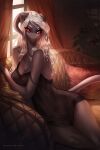  2021 anthro breasts digital_media_(artwork) dragon female hair hi_res horn non-mammal_breasts smile solo white_hair wingless_dragon yasmil 