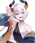  1girl bag black_horns blue_eyes highres horns jacket levi_elipha looking_at_viewer mo_(mornmorm) multicolored_horns nijisanji open_clothes open_jacket open_mouth orange_horns sharp_teeth shirt simple_background sleeveless solo teeth two-tone_horns virtual_youtuber white_background white_hair white_shirt 