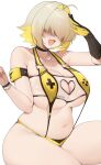  1girl :d absurdres arm_up bikini black_choker black_gloves blonde_hair breasts choker cleavage_cutout clothing_cutout curvy elegg_(boom_and_shock)_(nikke) elegg_(nikke) f7k_x5 fang gloves goddess_of_victory:_nikke hair_over_eyes heart_cutout highres huge_breasts navel official_alternate_costume plump simple_background sitting smile solo stomach suspenders swimsuit white_background yellow_bikini 