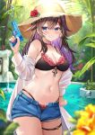  1girl bare_shoulders bikini bikini_under_clothes bikini_under_shorts black_bikini blue_eyes blush breasts brown_hair cleavage colored_inner_hair denim denim_shorts flower frills fujimori_shiki hair_ornament hat hat_flower highres holding holding_water_gun jacket large_breasts long_hair long_sleeves looking_at_viewer multicolored_hair navel open_clothes open_jacket open_mouth original outdoors purple_hair see-through_clothes see-through_jacket shorts smile solo stomach straw_hat sun_hat swimsuit teeth thighs water water_gun 