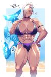  1girl ? abs armband beach bikini blonde_hair blue_eyes blue_hair bracelet breasts character_request cleavage collar cowboy_shot gram_quartz highres inflatable_dolphin inflatable_toy jewelry large_breasts long_hair looking_at_viewer multiple_scars muscular muscular_female original scar speech_bubble swimsuit translation_request 