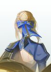  1girl artist_name artoria_pendragon_(fate) back_cutout blonde_hair blue_bow blue_dress bow braid clothing_cutout dress english_commentary fate/stay_night fate/unlimited_blade_works fate_(series) floating_clothes hair_bow hair_bun highres honkai:_star_rail honkai_(series) juliet_sleeves long_sleeves milkbean puffy_sleeves saber_(fate) saber_(honkai:_star_rail)_(fate) short_hair sidelocks simple_background solo upper_body white_background 