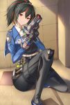  1girl absurdres ass black_gloves black_hair black_pants black_vest blue_jacket blue_shoes blush breasts collarbone cropped_jacket eyebrows_hidden_by_hair eyes_visible_through_hair gloves green_necktie grey_hairband gun hairband handgun high_ponytail highres holding holding_gun holding_weapon jacket kanpyou_(hghgkenfany) large_breasts latex_pants long_hair long_sleeves looking_at_viewer multicolored_hair necktie orange_eyes orange_hair pants police police_uniform policewoman ponytail shoes smile sneakers solo standing streaked_hair thighs tight_clothes tight_pants vest weapon zenless_zone_zero zhu_yuan 