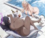  2girls alcohol alternate_breast_size alternate_costume ass asuna_(blue_archive) bare_shoulders bikini black_hair blonde_hair blue_archive blue_bikini blue_eyes blue_halo blue_ribbon blush breast_rest breasts champagne cleavage cup dark-skinned_female dark_skin drink drinking_glass gigantic_breasts hair_over_one_eye halo highres hth5k huge_ass ice_bucket karin_(blue_archive) licking licking_foot long_hair micro_bikini multiple_girls partially_submerged ponytail pool poolside purple_halo ribbon scrunchie sensei_(blue_archive) sideboob sitting smile string_bikini swimsuit thighs thong thong_bikini very_long_hair water white_bikini white_scrunchie yellow_eyes 