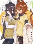  2girls agnes_tachyon_(umamusume) ahoge alternate_hairstyle animal_ears arm_around_neck black_hair black_necktie black_pantyhose black_shirt black_skirt bow bowtie breasts brown_hair chemical_structure coat collared_shirt earrings emphasis_lines flirting flustered hair_between_eyes hammer_and_sickle head_on_pillow heart highres horse_ears horse_girl horse_tail jewelry lab_coat layered_sleeves long_bangs long_hair_between_eyes long_sleeves manhattan_cafe_(umamusume) medium_breasts medium_hair multiple_girls necktie nervous_sweating nochatea open_clothes open_coat orange_sweater pantyhose pillow pleated_skirt red_eyes shirt short-sleeved_sweater short_necktie short_over_long_sleeves short_sleeves single_earring skirt sleeves_past_fingers sleeves_past_wrists small_breasts speech_bubble sweat sweatdrop sweater tail translation_request umamusume white_bow white_bowtie white_coat white_hair white_shirt white_skirt wolf_cut yellow_eyes yellow_sweater yuri 