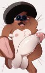  2025 anthro balls bed big_penis blush bodily_fluids brown_body erection eulipotyphlan eyewear furniture genital_fluids genitals goggles hi_res lying male mammal mario_bros mole_(animal) nintendo nipples open_mouth penis precum rocky_wrench shelbyzangoose slightly_chubby solo 