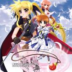  3girls absurdres animal_ears arf axe bardiche_(device_form)_(nanoha) bardiche_(nanoha) belt black_cape black_leotard blue_eyes breasts brown_hair cape cleavage closed_mouth collared_dress crossed_belts dress fate_testarossa fate_testarossa_(movie_1st_form) feathers full_body higa_yukari highres holding holding_axe holding_staff leotard looking_at_viewer lyrical_nanoha mage_staff magic_circle mahou_shoujo_lyrical_nanoha mahou_shoujo_lyrical_nanoha_the_movie_1st multiple_girls orange_hair parted_lips raising_heart raising_heart_(device_mode)_(1st) red_cape red_eyes showgirl_skirt sky staff standing standing_on_magic_circle takamachi_nanoha takamachi_nanoha_(movie_1st_mode) two-sided_cape two-sided_fabric white_dress wolf_ears 