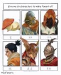  2boys 2girls 2others ambiguous_gender anri_of_astora armor black_hair border breasts cape cleavage company_connection covered_eyes covered_face crossover cybfaazx8lyvkca dark_souls_(series) dark_souls_i dark_souls_iii desert_sorceress elbow_gloves elden_ring elden_ring:_shadow_of_the_erdtree english_text fire_knight_kood fromsoftware gloves gold_armor grey_scarf heart helmet highres knight malenia_blade_of_miquella multiple_boys multiple_crossover multiple_girls multiple_others mushroom_child ninja portrait red_cape red_hair red_hood scarf sekiro sekiro:_shadows_die_twice spoken_heart strapless template topknot translated tube_top winged_helmet 