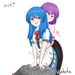  2025 2girls black_skirt blue_hair blue_skirt bow bowtie capelet commentary_request frilled_capelet frills grabbing_from_behind high-waist_skirt highres hinaheka hinanawi_tenshi kaname-ishi long_hair looking_at_viewer multiple_girls nagae_iku no_headwear one_eye_closed open_mouth purple_hair rainbow_order red_bow red_bowtie red_eyes short_hair short_sleeves skirt touhou twitter_username 