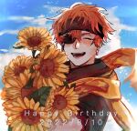  1boy birthday black_order_uniform blue_sky brown_headband brown_jacket closed_eyes cloud collared_jacket d.gray-man earrings eyepatch facing_viewer floating_scarf flower hair_between_eyes happy_birthday headband holding holding_flower hoop_earrings jacket jewelry lavi male_focus neallen02 one_eye_covered open_mouth orange_hair orange_scarf scarf short_hair short_sleeves sidelocks sky smile solo striped_clothes striped_headband striped_jacket sunflower 