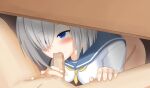  1boy 1girl blue_eyes blue_sailor_collar blush bottomless breasts censored commentary_request erection fellatio grey_hair hair_over_one_eye hamakaze_(kancolle) hetero highres impossible_clothes kantai_collection kneeling large_breasts looking_at_another makochan42 medium_hair mosaic_censoring neckerchief oral penis_grab pov pov_crotch sailor_collar saliva school_uniform serafuku shirt solo_focus spread_legs under_table white_shirt yellow_neckerchief 