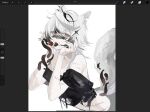  1girl ahoge animal_ear_piercing animal_ears art_program_in_frame black_nails black_shirt black_streaks black_tongue blouse breasts cleavage colored_tips crossed_bangs double-parted_bangs fox_ears fox_tail hair_over_shoulder hand_on_own_chin highres indie_virtual_youtuber kemonomimi_mode looking_at_viewer mari_the_hybrid medium_hair multicolored_hair orange_pupils shirt sidelocks solo sparkle_hair_ornament stitched_arm stitched_hand stitches stomach streaked_hair tail tentacles tongue tongue_out upper_body white_eyes white_hair yoimon 