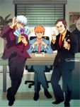  4boys adjusting_eyewear arm_up artist_name bald belt belt_buckle better_call_saul black_belt black_eyes black_jacket black_pants black_shoes black_suit blonde_hair blue_necktie blue_ribbon blue_shirt breaking_bad brown_hair buckle buttons chair closed_mouth collared_shirt commentary crossed_legs crossover desk double_finger_gun dress_pants dress_shoes earpiece elbows_on_table english_commentary facial_hair finger_gun folding_fan formal_clothes full_body gintama goatee grey_eyes grey_jacket grey_pants grey_suit grin hand_fan hands_up highres holding holding_fan indoors interlocked_fingers jacket lapel_pin lapels light_particles long_sleeves looking_at_viewer male_focus mike_ehrmantraut mob_psycho_100 multiple_boys multiple_crossover necktie notched_lapels office office_chair old old_man on_chair own_hands_clasped own_hands_together pants phone plant poster_(object) potted_plant red-framed_eyewear red_necktie red_pants red_suit reigen_arataka ribbon sakata_gintoki saul_goodman shirt shoes short_hair siotomato sitting smile sparkle standing striped_clothes striped_jacket striped_pants suit suit_jacket swivel_chair table tile_floor tiles trait_connection vertical-striped_clothes vertical-striped_jacket vertical-striped_pants vertical-striped_suit white_hair window window_blinds wing_collar yellow_shirt 