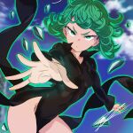  1am_c3sar 1girl absurdres black_dress blue_sky breasts closed_mouth cloud curly_hair day dress green_eyes green_hair groin highres looking_at_viewer one-punch_man open_hand outdoors outstretched_arm pelvic_curtain popped_collar short_hair sky small_breasts solo tatsumaki telekinesis v-shaped_eyebrows 