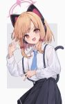  1girl :d black_skirt black_tail blonde_hair blue_archive blue_necktie blush bow cat_tail collared_shirt commentary double_w dress_shirt fake_tail hachita_(odangoya) hair_bow halo hand_up head_tilt highres long_sleeves looking_at_viewer low-tied_sidelocks momoi_(blue_archive) necktie no_jacket open_mouth parted_bangs pink_halo pleated_skirt red_bow red_eyes shirt shirt_tucked_in sidelocks simple_background skirt smile solo suspender_skirt suspenders suspenders_slip tail tail_raised v-shaped_eyebrows w white_background white_shirt wing_collar 