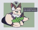  aliasing alternate_version_at_source anthro blush blush_lines bottomless canid canine clothed clothing cygames dialogue digital_media_(artwork) electronics emanata english_text female fox frustration_cloud green_clothing green_eyes green_shirt green_topwear implied_transformation mammal oagoner phone shirano shirt solo text topwear world_flipper 