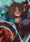  1girl absurdres animal_ears brown_hair commentary ear_ornament electricity eye_trail gloves grin hasewo highres horse_ears horse_girl jojo_pose light_trail medium_hair purple_eyes red_gloves see-through_cleavage see-through_clothes smile stand_(jojo) stone_free tap_dance_city_(umamusume) umamusume 