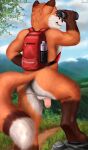 anthro backpack balls binoculars canid canine flaccid foreskin fox furry genitals gevual green_eyes hair hi_res male mammal mountain muscular muscular_anthro muscular_male nature nude outside penis red_hair solo traveling uncut 