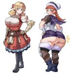  2girls absurdres armored_gloves ass black_boots blonde_hair blue_boots blue_eyes boots breasts dress drill_hair full_body green_eyes highres huge_ass huge_breasts impossible_clothes impossible_sweater long_hair multiple_girls red_dress red_hair scarlett_(unicorn_overlord) simple_background standing sweater thick_thighs thighs turtleneck turtleneck_sweater unicorn_overlord ytrall yunifi_(unicorn_overlord) 