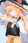  1girl absurdres azusa_(cookie) black_hat black_vest blue_background blush bow braid buttons commentary_request cookie_(touhou) cowboy_shot dated frilled_hat frills grid_background grin hair_bow happy_birthday hat hat_ornament highres kirisame_marisa long_hair looking_at_viewer one_eye_closed orange_eyes orange_hair red_star shirt side_braid sihat_13 single_braid skirt smile solo star_(symbol) star_hat_ornament touhou turtleneck turtleneck_shirt vest white_bow white_shirt witch_hat yellow_skirt 