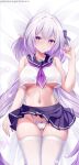  1girl absurdres ass_visible_through_thighs breasts castorice_(honkai:_star_rail) commentary_request cropped_shirt dakimakura_(medium) english_commentary fanbox_username gabriel_evangel highres honkai:_star_rail honkai_(series) long_hair lying merchandise_available miniskirt navel no_bra on_back paid_reward_available panties pleated_skirt pointy_ears purple_eyes purple_hair purple_skirt school_uniform serafuku skirt solo stomach thighhighs thighs underboob underwear very_long_hair white_panties white_serafuku white_thighhighs 