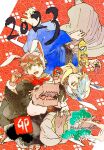  2023 animal animal_ears black_haori black_kimono black_sclera blue_eyes blue_hair blue_haori brown_hair chinese_zodiac colored_sclera fake_animal_ears fur-trimmed_kimono fur_trim gloves grey_hakama hakama hands_up haori haori_himo happy_new_year head_spikes highres horns japanese_clothes khun_aguero_agnis kimono light_smile lizardman long_sleeves looking_at_viewer male_focus new_year open_mouth rabbit rabbit_ears rabbit_tail rak_wraithraiser red_eyes red_gloves red_kimono red_scarf reptile_boy sandals scarf short_hair simple_background smile tail tanino_miho teeth tower_of_god twenty-fifth_bam year_of_the_rabbit yellow_eyes yellow_scarf 