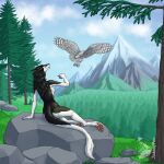  absurd_res anthro avian bird claws duo feathered_wings feathers female feral flying forest fur hair hi_res judasyfox long_hair long_tail looking_at_another outdoor_nudity outside owl plant sergal sitting sky tail tree wings 