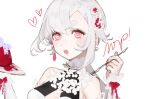  1girl :o breasts cleavage cleavage_cutout clothing_cutout dessert earrings facial_mark flower_hairpin food halterneck heart heart-shaped_pupils heart_facial_mark holding holding_plate holding_spoon jewelry lace_collar looking_at_viewer medium_hair open_mouth original pink_eyes plate saliva simple_background single_earring solo spoon symbol-shaped_pupils unfinished upper_body white_background white_hair wrist_cuffs yoimon 