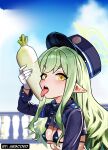  1girl abscord absurdres adapted_costume arm_up armband bikini blue_archive blue_armband blue_bikini blue_hat blue_sky blurry blurry_background blush breasts buttons covered_nipples daikon double-breasted epaulettes food gloves green_hair green_halo halo hat highres hikari_(blue_archive) holding holding_food long_hair long_sleeves looking_at_viewer micro_bikini outdoors pointy_ears radish saliva sexually_suggestive short_eyebrows shrug_(clothing) sky small_breasts solo swimsuit tongue tongue_out upper_body very_long_hair white_gloves yellow_eyes 