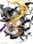  1girl 1other arknights blonde_hair boots breasts degenbrecher_(arknights) degenbrecher_(the_shadow_of_the_dark_moon)_(arknights) doctor_(arknights) dual_wielding floating_hair full_body hat high_heel_boots high_heels highres holding huge_breasts long_hair mutomorokoshi running sideboob solo_focus veins veiny_arms very_long_hair white_background witch_hat 