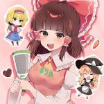  alice_margatroid apron ascot black_eyes black_hat black_skirt black_vest blonde_hair blue_dress blue_eyes blunt_bangs blush bow braid breasts brown_hair candy capelet carrot character_name chibi chocolate chocolate_bar closed_eyes clothes_writing commentary_request cookie_(touhou) detached_sleeves dress food frilled_apron frilled_dress frilled_hair_tubes frilled_hairband frills hair_bow hair_tubes hairband hakurei_reimu hand_grater hat heart heart-shaped_chocolate heart-shaped_food highres holding_grater ichigo_(cookie) kirisame_marisa long_hair looking_at_viewer medium_breasts medium_hair neckerchief niu_42 open_mouth pink_apron pink_background puffy_short_sleeves puffy_sleeves red_bow red_hairband red_neckerchief red_sash red_shirt rurima_(cookie) sash shirt short_hair short_sleeves side_braid sidelocks simple_background single_braid skirt skirt_set sleeveless sleeveless_shirt smile socks star_(symbol) suzu_(cookie) touhou turtleneck turtleneck_shirt upper_body vest waist_apron white_apron white_capelet white_shirt white_socks witch_hat yellow_ascot 