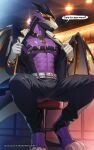 abs anthro bar bar_stool big_muscles big_pecs bottomwear claws clothed clothing collar dialogue dragon english_text front_view furniture harness hi_res husdingo inside male membrane_(anatomy) membranous_wings muscular muscular_anthro muscular_male mythological_creature mythological_scalie mythology open_clothing open_shirt open_topwear pants pecs purple_body purple_scales scales scalie shirt sitting_on_stool solo stool text toe_claws topwear wings