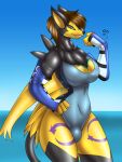 2025 3:4 animate_inanimate anthro armwear bandai_namco black_body black_fur bridal_gauntlets brown_hair bulge canid clothed clothed_anthro clothed_gynomorph clothing digimon digimon_(species) fur generation_3_pokemon generation_4_pokemon gynomorph hair hi_res hybrid intersex koekoek latias latios legendary_pokemon living_clothing luxray mammal markings neck_tuft nintendo one-piece_swimsuit pokemon pokemon_(species) purple_markings purple_sclera renamon solo swimwear tail teal_eyes teal_markings thick_thighs tuft vanessa_(koekoek) wide_hips wings yellow_body yellow_fur