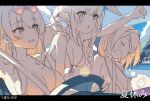  3girls absurdres armpits bikini breasts car_interior cleavage day driving eyewear_on_head heart heart-shaped_eyewear highres hololive houshou_marine irroi multiple_girls nose_bubble partially_colored pointing shirogane_noel sleeping swimsuit translation_request unfinished usada_pekora 