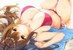  1girl bare_arms barefoot beach_towel bikini breasts brown_eyes brown_hair cleavage collarbone commentary_request curvy feet hair_between_eyes large_breasts long_hair looking_at_viewer lying marker_(medium) navel on_back original parted_lips red_bikini side-tie_bikini_bottom sidelocks skindentation solo swimsuit thighs thingtng_(sgma7424) toes towel traditional_media 