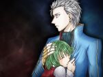  artist_request blue_coat blue_eyes coat comforting crossover crying devil_may_cry fingerless_gloves gloves green_hair hand_on_another&#039;s_head kazami_yuuka m.u.g.e.n plaid plaid_vest shirt tears touhou vergil vest white_hair white_shirt 