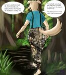  absurd_res anthro barefoot bottomwear butt_scratch camo camo_bottomwear camo_clothing camo_print canid canine canis carolina_dog clothed clothing dialogue domestic_dog english_text fangs feet female fern fur gotadraw grass hi_res light light_beam mammal moxie_(gotadraw) nature nature_background partially_submerged pattern_bottomwear pattern_clothing plant raised_tail rear_view shirt solo speech_bubble sunbeam sunlight suspenders swamp tail tan_body tan_fur teeth text topwear tree voyeur_pov walking 