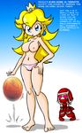  1girl barefoot blonde_hair blue_eyes breasts crown earrings feet heart heart_eyes jewelry long_hair navel nintendo nipples panties peach pink_panties princess_peach super_mario_bros. topless underwear 