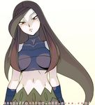  azami_(pokemon) black_hair breasts large_breasts long_hair mo-mo multicolored_hair navel pokemon pokemon_(game) pokemon_emerald pokemon_rse red_eyes simple_background solo white_background 