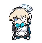  1girl apron arm_sling bandage_over_one_eye black_dress blonde_hair blue_archive blue_bow blue_eyes bow chibi crutch dress full_body grey_pantyhose halo hat juliet_sleeves leg_cast long_sleeves looking_at_viewer lowres maid maid_headdress mob_cap no_shoes nyaru_(nyaru_4126) pantyhose puffy_sleeves simple_background solo standing toki_(blue_archive) translation_request v-shaped_eyebrows waist_apron white_apron white_background white_hat 