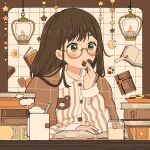  1girl blush_stickers book book_stack border brown_border brown_hair candle checkerboard_cookie closed_mouth collared_shirt commentary cookie cup eating eeppa food glasses green_eyes grid_background highres holding holding_cookie holding_food long_hair long_sleeves looking_to_the_side open_book original outside_border round_eyewear shirt smile solo striped_clothes striped_shirt upper_body white_background white_shirt 